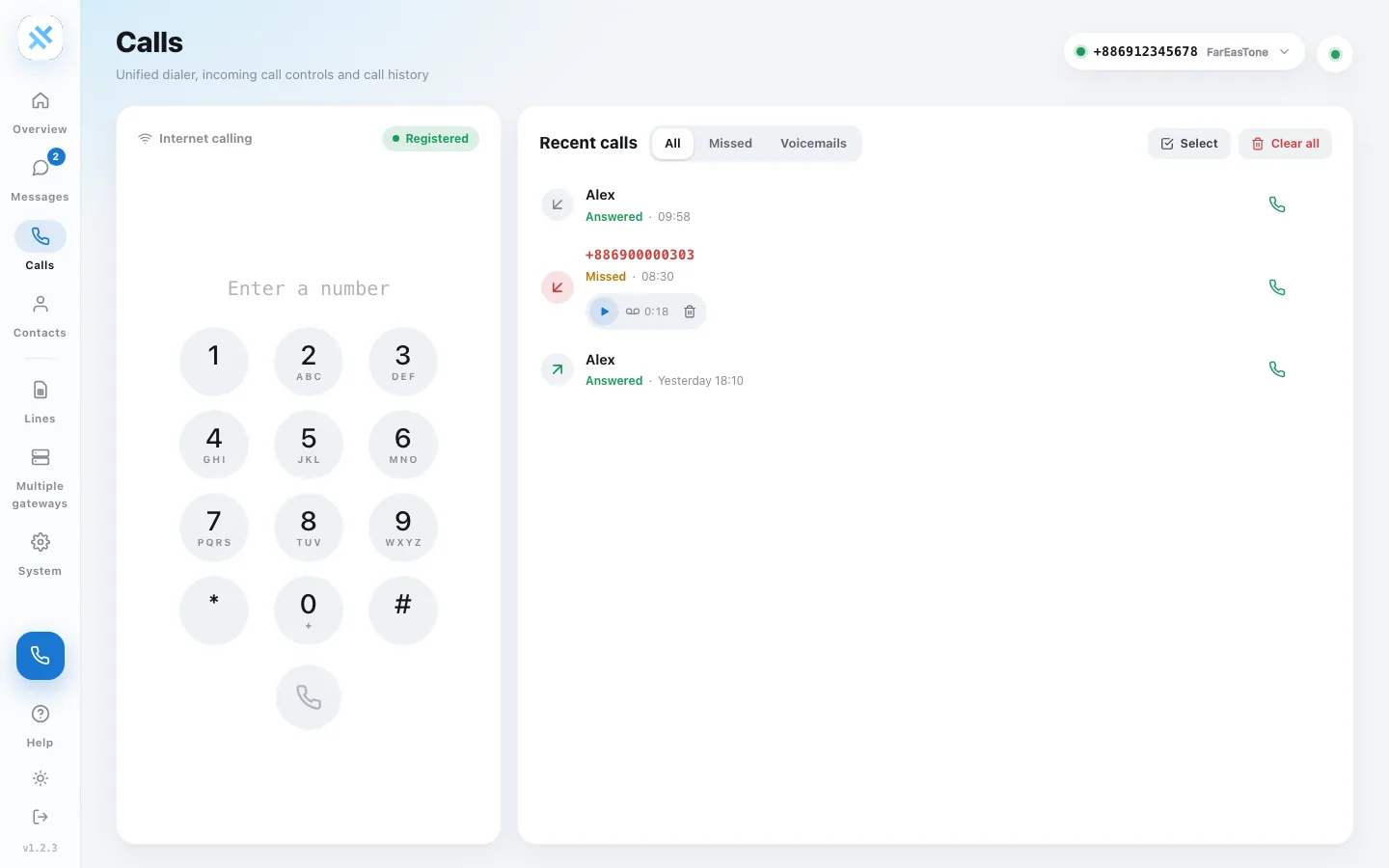 The Cevix Calls page: a registered internet-calling dial pad on the left and recent calls on the right, including answered and missed calls and a voicemail.